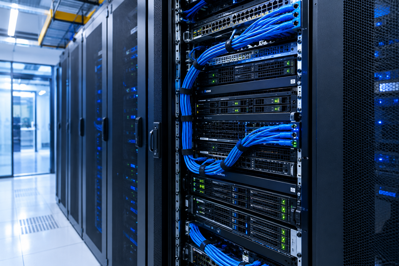 Rak server dan perangkat jaringan pada ilustrasi ruang server, dengan jalur kabel biru tertata rapi.